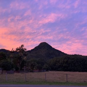 Mount Chincogan at sunset beneath a soft pink sky in Mullumbimby, NSW